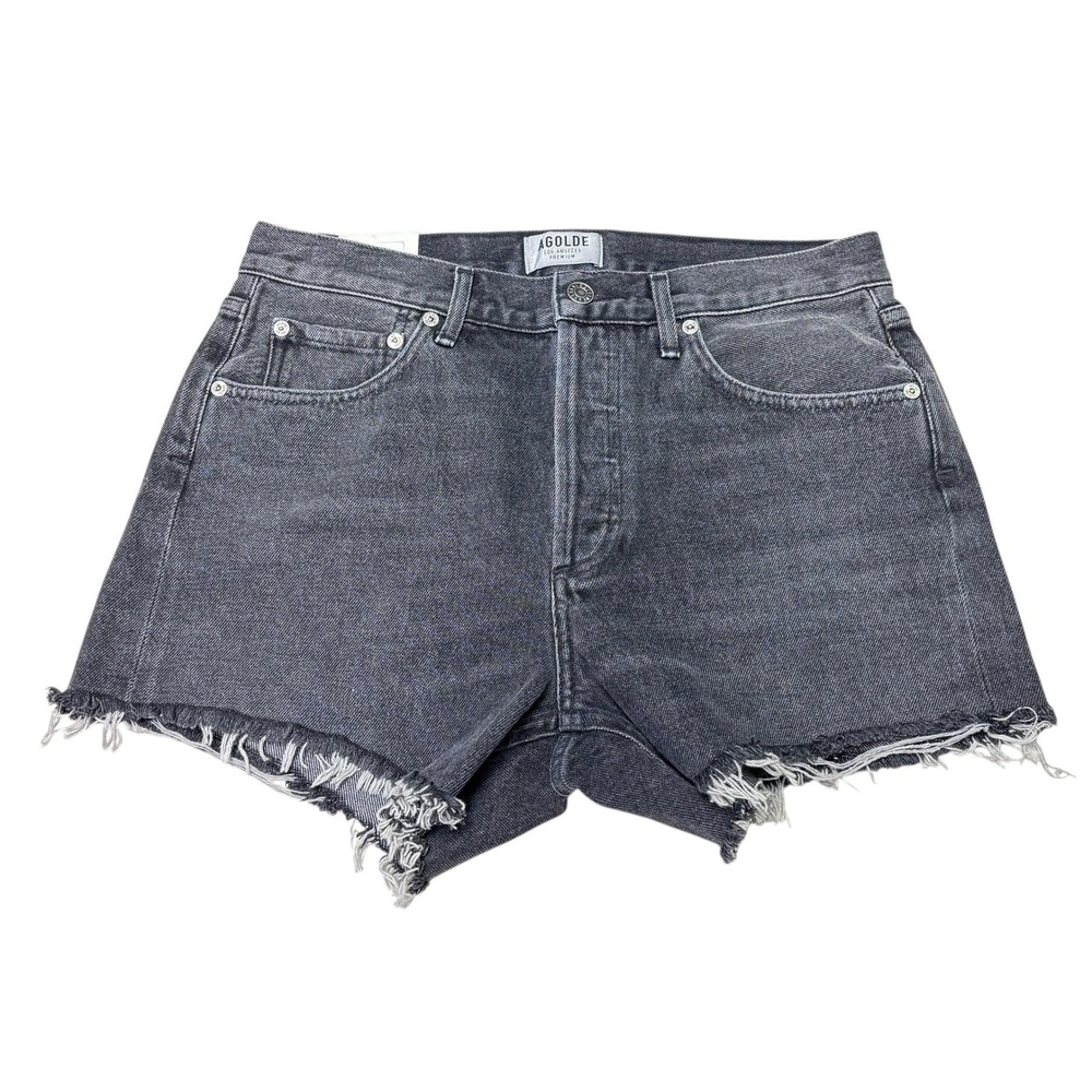 NWT AGOLDE Micah Boyfriend Shorts Black Denim Distressed Raw Hem Size 26
